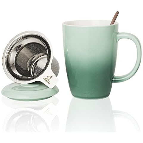 Candiicap Ceramics Tea Cup with Loose Leaf Infuser, Spoon and Lid, 13oz, Large Tea infuser Mug for Tea, Coffee, Milk-Microwave and Dishwasher Safe(13oz,Avocado Green) Cover