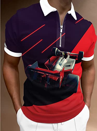 YMXCNM Polo Homme,Tops Zippés À La Mode À Manches Courtes, T-Shirt Imprimé De Voiture De Course Créative Travail De Bureau Streetwear, T-Shirt Classique Respirant À Séchage Rapide, Polo D'Été Déco