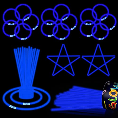 50 Pcs 8 Blue Glow Sticks Glow Necklaces and Bracelets Set with Connectors Bright Neon Glow in The Dark Party Favors for Birthday Christmas New Year Halloween 4th of July Wedding Carnival