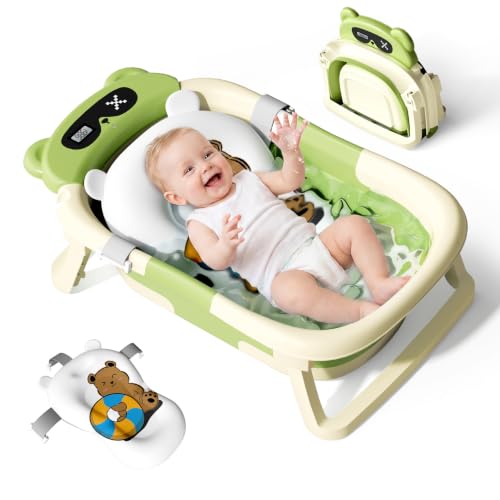 Collapsible Baby Bathtub for Newborn to Toddler (0-18 Months) - Foldable Baby Bath Tub with Soft Towel, Newborn&amp; Infant Bathtub for Travel and Outdoor, Green