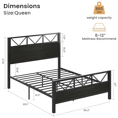 Image of LIKIMIO Queen Bed Frame, Tall Industrial Headboard 51.2 inch, Platform Bed Frame with Strong Metal Support, Solid and Stable, Noise Free, No Box Spring Needed, Easy Assembly, Black