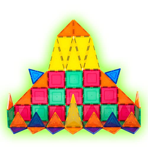 Picassotiles 60Pc Glow Magnetic Building Blocks + 12Pcs Mirror Tile, Clear Magnetic 3D Building Blocks Construction Playboards, Expansion Square Set, Toddler Magnets, Educational Toys For 3+ Year Old #TOP1