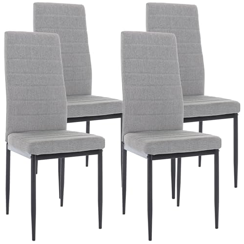 Set of 4 Dining Chairs, High Back Padded Kitchen Chairs with Metal Legs & Non-slip Foot pads Linen Fabric Dining Room Chairs for Dining Living Room Lounge Restaurant, Light Grey