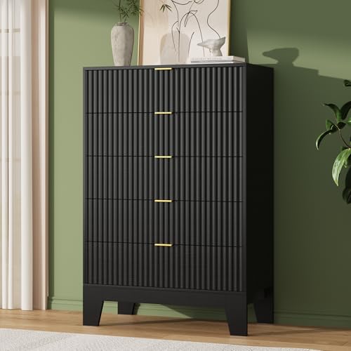 Image of Garvee 5 Drawer Dresser for Bedroom, 47 inch Tall Fluted Chest of Drawers with Metal Handle, Modern Wooden Dresser TV Stand, Clothes Storage Organizer Wood Closet for Hallway, Entryway, Black