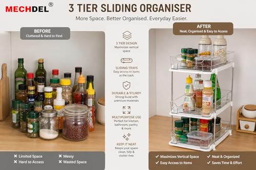 Image of MECHDEL 3-Tier Under Sink Organizer with Pull-Out Sliding Drawers | Multi-Purpose Kitchen & Bathroom Storage Rack | Clear Countertop Organizer for Pantry, Vanity, Cabinet & Cleaning Supplies