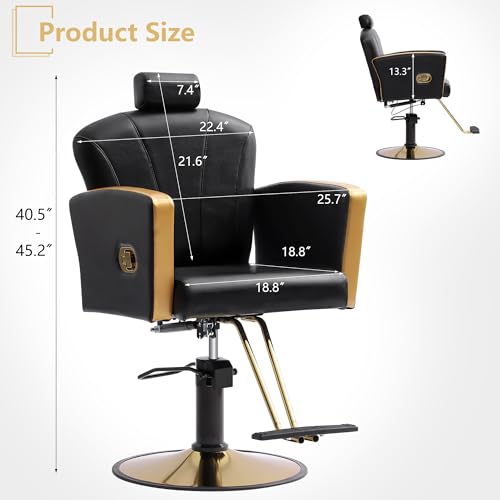 KIGOTY Gold-Rimmed Salon Barber Chair with 360° Swivel (Black)