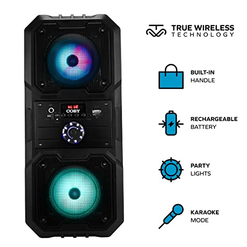 Image of Coby True Wireless Speaker with LED Lights | 16 inch Portable Speaker, Bluetooth Speaker | Auto-Pairing to Multiple Bluetooth Speakers | Mic Input, FM Radio, Aux Input | Wireless Speakers w / 8HR Playtime