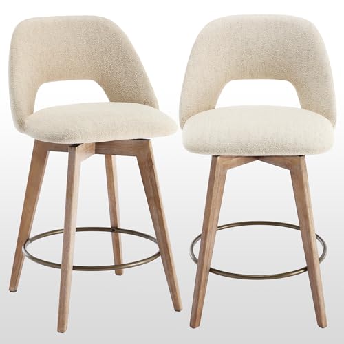 Image of Zesthouse Swivel Bar Stools Set of 2, Wooden Counter Height Chair | Mid century antique solid wood barstool, low back, upholstered beige linen fabric, 26 inch seat height for kitchen counter island