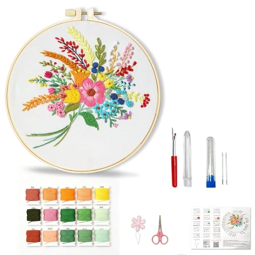 Image of Huacan Embroidery Kit for Beginners Flower Pattern Printed Fabric with Hoop & Full Tools