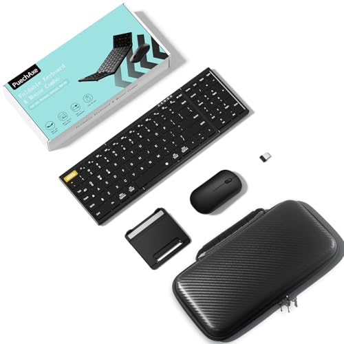 PuechAxe Teclado y mouse plegables, teclado inalámbrico plegable portátil de tamaño completo, 2.4G + BT5.0 x 2, teclado de viaje Bluetooth recargable y mouse para laptop, iPad, tableta