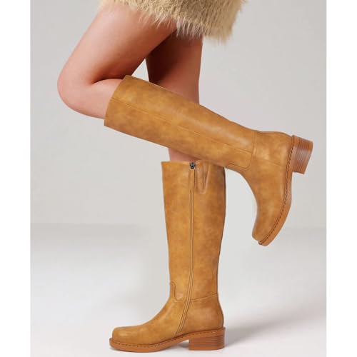 Image of Dsevht Black Knee High Boots for Women Faux Leather Elastic Low Heel Round Square Toe Side Zipper Fall Long Tall Boot