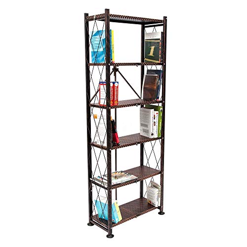 Image of Origami 6 Tier Classic Stamped Steel Bookcase Shelf Organizer Rack with 6 Storage Shelves for Decor, Vinyl Records, and Books, Bronze