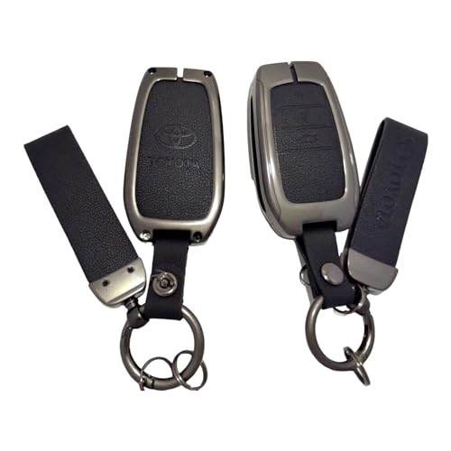 Image of Zinc Metal Alloy Leather Car Key Cover & Case Black with Keychain & Holder Compatible for Toyota Fortuner, Legender, Innova Crysta, HyCross, Land Cruiser, Hilux (3 Button Push Smart Key)