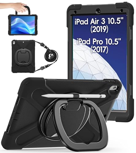 BATYUE iPad Air 3rd Generation Case 2019 / iPad Pro 10.5 inch Case 2017; Rugged Heavy Duty Protective Cover with Pencil Holder, 360° Swivel Stand, Shoulder Strap; for Kids (Black)