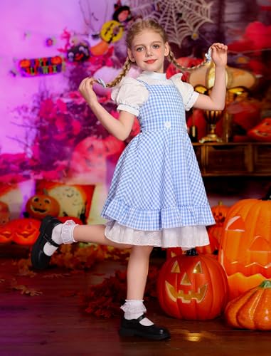 OBEEII Kids Girl Blue and White Checked Dress Bows Summer Casual Short Sleeve Blue Gingham Dress3