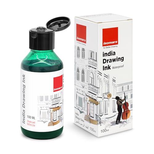 Image of Isomars India Waterproof Drawing Ink Green 100ml | Professional Artist Ink for Illustration, Calligraphy, Airbrush, Canvas, Fabric, Wood, Paper & Technical Drawing