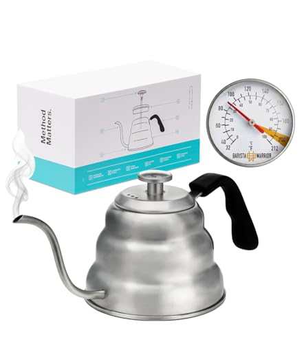 Barista Warrior Gooseneck Kettle with Built-In Thermometer for Pour Over Coffee & Tea - 1L Stainless Steel Kettle Stovetop Safe with Precision Spout - Stainless Steel (silver)