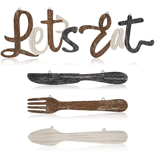 Jetec 5 Pcs Let's Eat Sign Kitchen Wall Decor Fork Spoon Knife Kitchen Decor Sign Rustic Farmhouse Wooden wall decorations for Home Dining Room Bar Cafe Restaurant(Brown, Beige, Dark Gray)