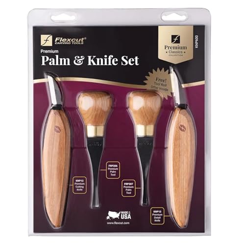 Flexcut Premium Series Wood Carving Tool Set 4-Piece Beginner Palm & Knife Set with Cutting and Detail Knives Sweep and Parting Palm Tools Ergonomic Cherry Wood Handles USA Made