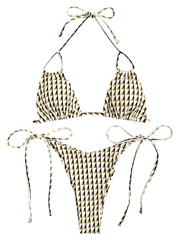 Image of ZAFUL Womens Printed Triangle Bikinis 2 Piece Halter Bikini Sets High Cut Bathing Suit Side Tie Swimsuits