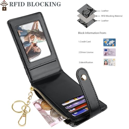 Bifold Wallet RFID Credit Card Wallet Card Holder for Women or Men with Keychain Zipper Pocket,Black Butterflies2