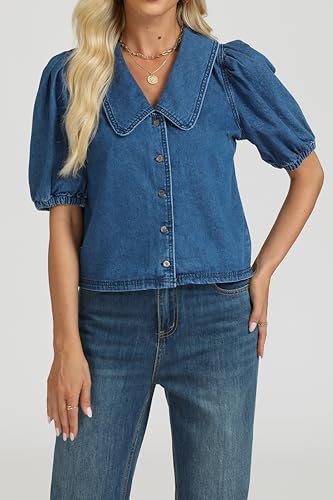 Womens Denim Shirts Button Down Collar Puff Short Sleeve Casual Lightweight Summer Jean Shirt Tops3