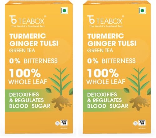 Image of Teabox Turmeric Ginger Tulsi Green Tea Bags 25 Pieces | Flavorful & Soothing | Made with Whole Leaf, Natural Ginger, Turmeric & Tulsi (Pack of 2)