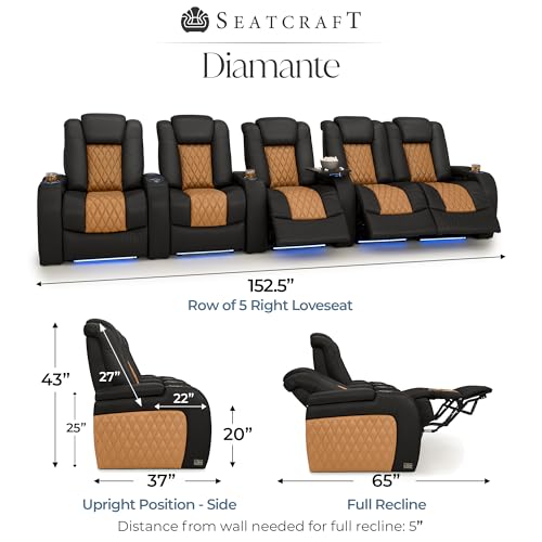 Image of Seatcraft Diamante Black /Tan Oak Italian Leather Home Theater Seating, Zero Gravity Power Recliner, Gaming and Home Office Chair, Powered Headrest Furniture for Cinema Room, Row of 5 Right Loveseats