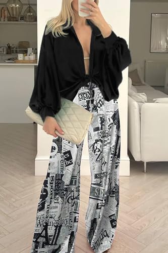 Women's Casual Two Piece Outfits Sexy Tops Wide Leg High Waist Palazzo Pants 2025 Out wear Matching Set2
