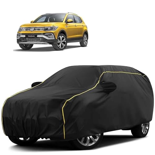 Image of Sulfar 100% Water Resistant Car Body Cover Compatible with Mirror for Volkswagen Taigun (Triple Stitched, Full Bottom Elastic, Black Tafetta with Yellow Piping)