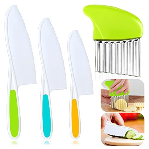 4 Pcs Kids Knife Set, Kids Safe Cooking Knives, Nylon Kids Kitchen Knife with Crinkle Cutter, Serrated Edges Plastic Toddler Knife Kids Knives for Real Cooking & Cutting Fruit, Bread, Lettuce