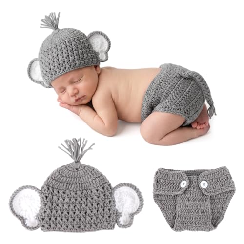 Image of SNOWIE SOFT 0-3 Months Newborn Baby Clothes Baby Photoshoot Props Set with Elephant Hat & Tail Shorts, Soft Knit New Born Photoshoot Props Costume for Fun, Activity, Photo Shoots
