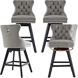 Modern Swivel Bar Stools Set of 4, 25.9' Grey Counter Height Bar Stools with Back for Kitchen Island, Velvet Upholstered Island Chairs with Wood Legs, Barstool Chairs, Sillas para Barra de Cocina