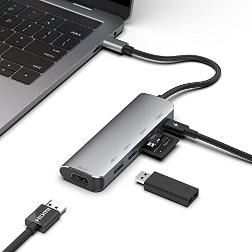 Image of eller sante Portable USB C Hub,6 in 1 Aluminum Hub with 4K HDMI Output, PD Power Delivery, USB 3.0 Port, SD /Micro SD Card Reader, Type C Hub Compatible for MacBook Pro, MacBook Air, iPad Pro- Grey