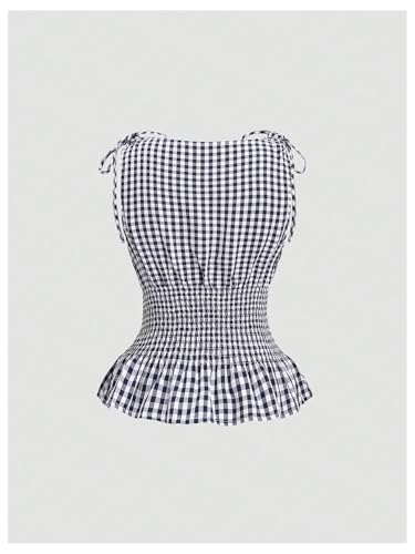 Women's Gingham Tie Shoulder Tank Tops Sleeveless Shirred Ruffle Hem Shirts2