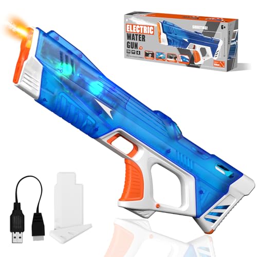 Pakoo Electric Water Gun for Adults Kids, High-Capacity Automatic Squirt Gun with LED Lights, 32FT Long Range Transparent Water Blaster, Summer Outdoor Pool & Beach Party Toys for Boys Girls(Blue)