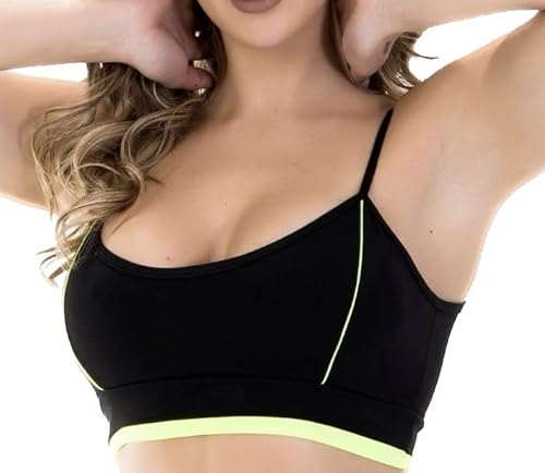 Top Preto Viés Amarelo de Alcinha Fitness Forrado Sem bojo Academia Suplex Esportivo G