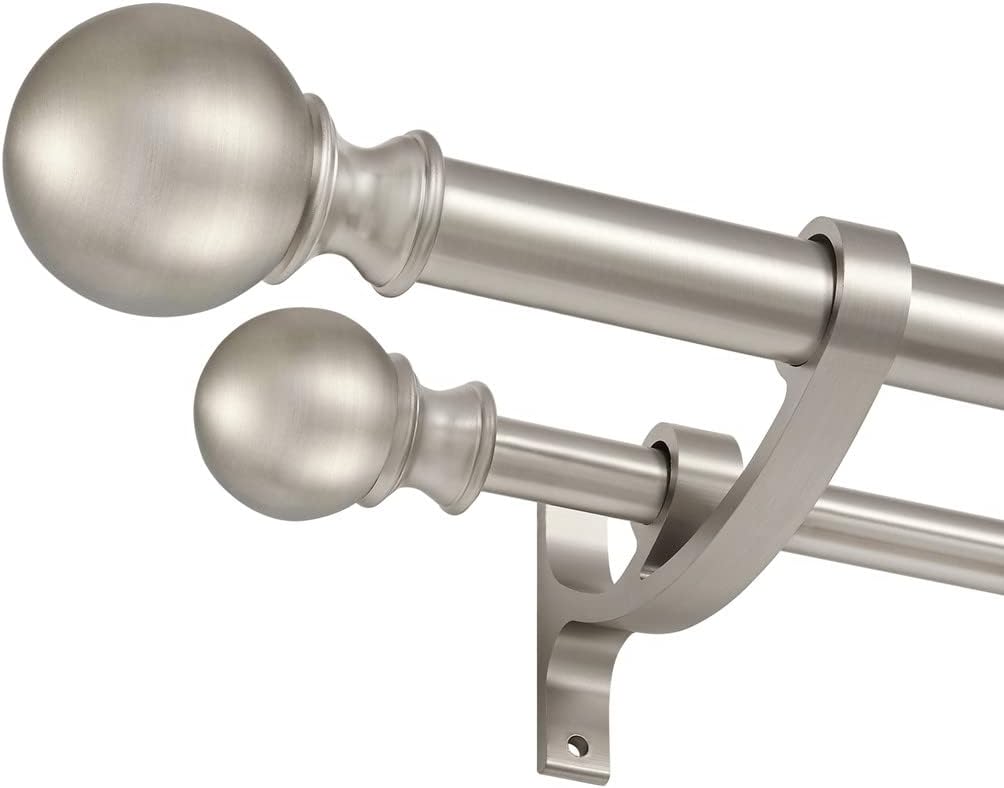 Double Curtain Rods for Window 72-144 Inches with Round Finials, Heavy Duty 1-Inch Front and 5/8 Inch Back Adjustable Double Drapery Rod with Aluminum Alloy Brackets, Brushed Nickel Brushed Nickel 72-144"