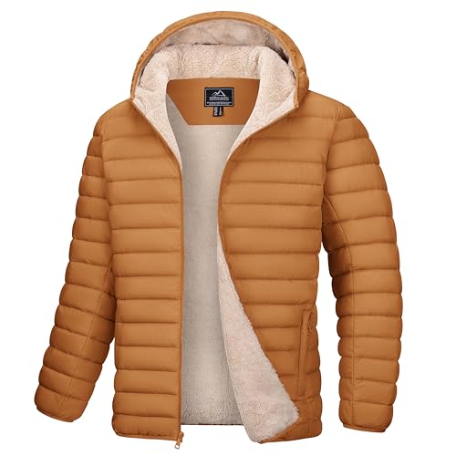 MAGCOMSEN Men's Jackets Winter Sherpa Lined Puffer Down Coats Casual Smart Thermal Jacket with 3 Zip Pockets,Light Brown,M