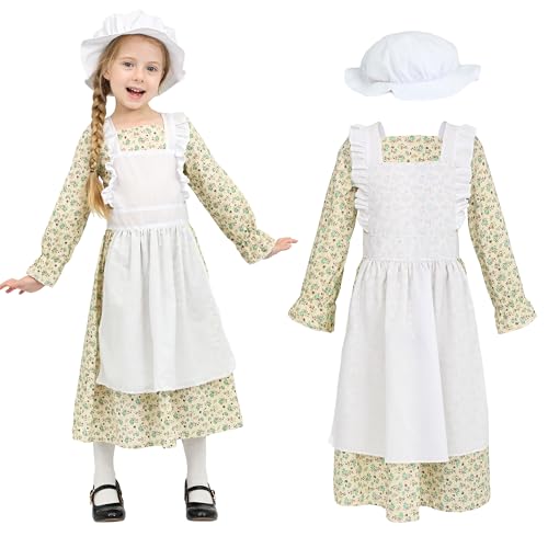 Wizland Victoria juniors costume victorien village médiéval avec robe et chapeau Prairie Vintage Robe florale pour les enfants 6-8 ans (Floral)