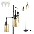 Liylan Farmhouse Floor Lamp for Living Room Bedroom, 3-Lights Floor Lamp with On/Off Foot Switch, Tall Pole Tree Standing Lamp Oil Rubbed Bronze with Amber Glass Shade, LED 3 Bulbs Included