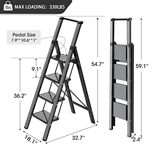 4 Step Ladder,Folding Step Stool With Convenient Handgrip For Home,Office,Kitchen, Aluminum Lightweight Portable Step Stool With Anti-Slip Sturdy Pedal, Black, 330 Lbs Capacity #TOP1