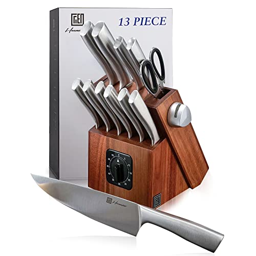 Hanmaster Knife Set, 13 Pieces Stainless Steel Knife Sets For Kitchen With Block, Sharp Kitchen Knife Set With Timer And Sharpener, Gift Box Packed. #TOP25
