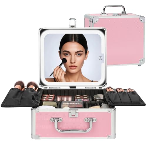 Image of Relavel Makeup Bag with LED Mirror, Cute Makeup Box Travel Train Case with Rechargeable Lighted Mirror, Cosmetic Brush Organizer Storage for Makeup Artists Gifts for Women and Girls, Pink