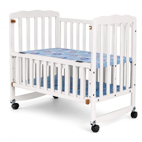 Image of Arcedo Crest Wooden Baby Cot | Rocker Function, 3-Level Adjustable Height, Bedside Sleeper, Lockable Wheels, Mosquito Net & Storage Shelf | Portable Baby Bed Crib for 0-4 Years (White)
