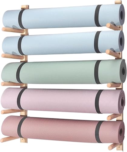 KomNWF LXXW Foam Roller Storage Rack Yoga Mat Weight Rack Wall Mount Yoga Mat Holder 2-9 Tiers Wood Gym Exercise Mat Storage Rack Yoga mat Storage(5)
