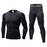 LANBAOSI Men's Gym Running Base Layer Top and Leggings Set Long Sleeve Compression Shirt Tights Thermal Underwear Suit, Black Line, M