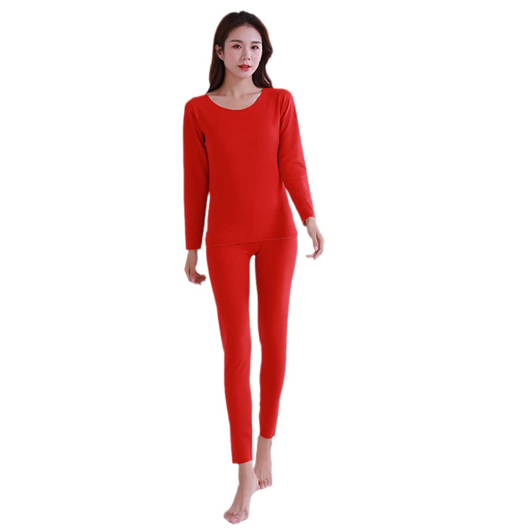 Disimlarl Damen Winter Warm Nahtlos Rundhals Abnehmen Thermounterwäsche Set, rot, 50