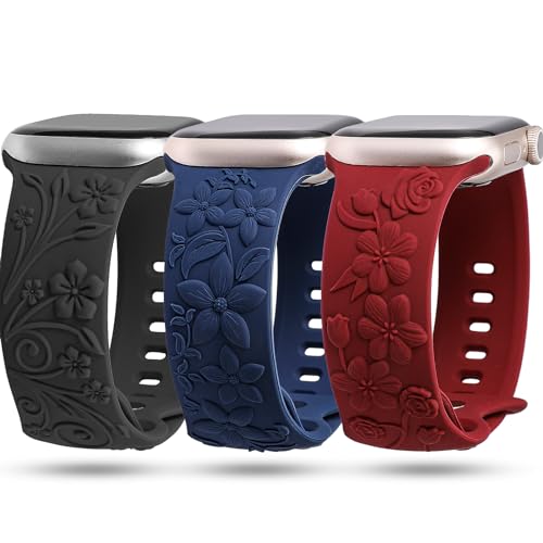Image of 3 Pack 3D Floral Bands Compatible with Apple Watch Bands 38/40/41/42/44/45/46/49mm Women, Engraved Soft Silicone Flower Dressy Straps for iWatch Series 11/10/9/8/7/6/5/4/SE Ultra 3/2/1