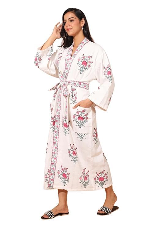 Image of Hand Block Print Cotton Waffle Fabric White Bathrobe For Women's Ultra-Soft & Lightweight After Bath Spa Bathrobe | Highly Absorbent Red Flower